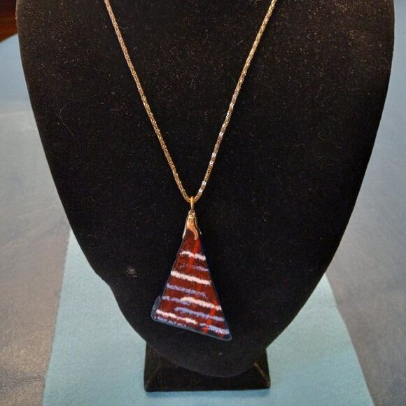 Abstract Red, White and Blue Glass Pendant & Silver Metal chain - Picture 1 of 9